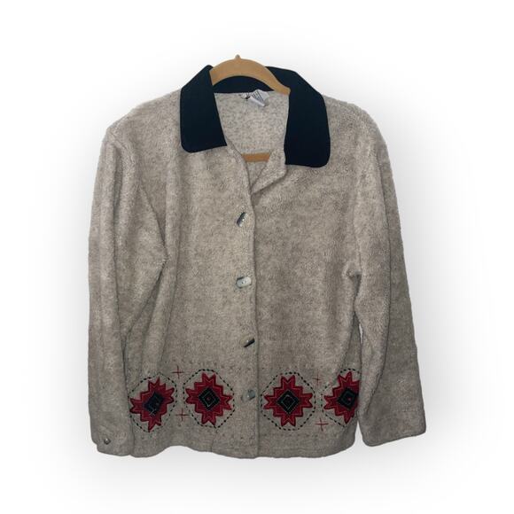 Vintage Teddi Fleece Jacket / 1990s Embroidery Stitch Coat  Size Petite Small - Picture 1 of 2